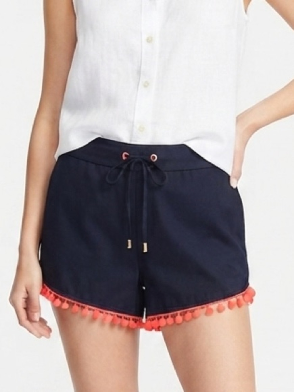 Sail to Sable Navy Blue Pom-Pom Trim Drawstring Shorts Size Small